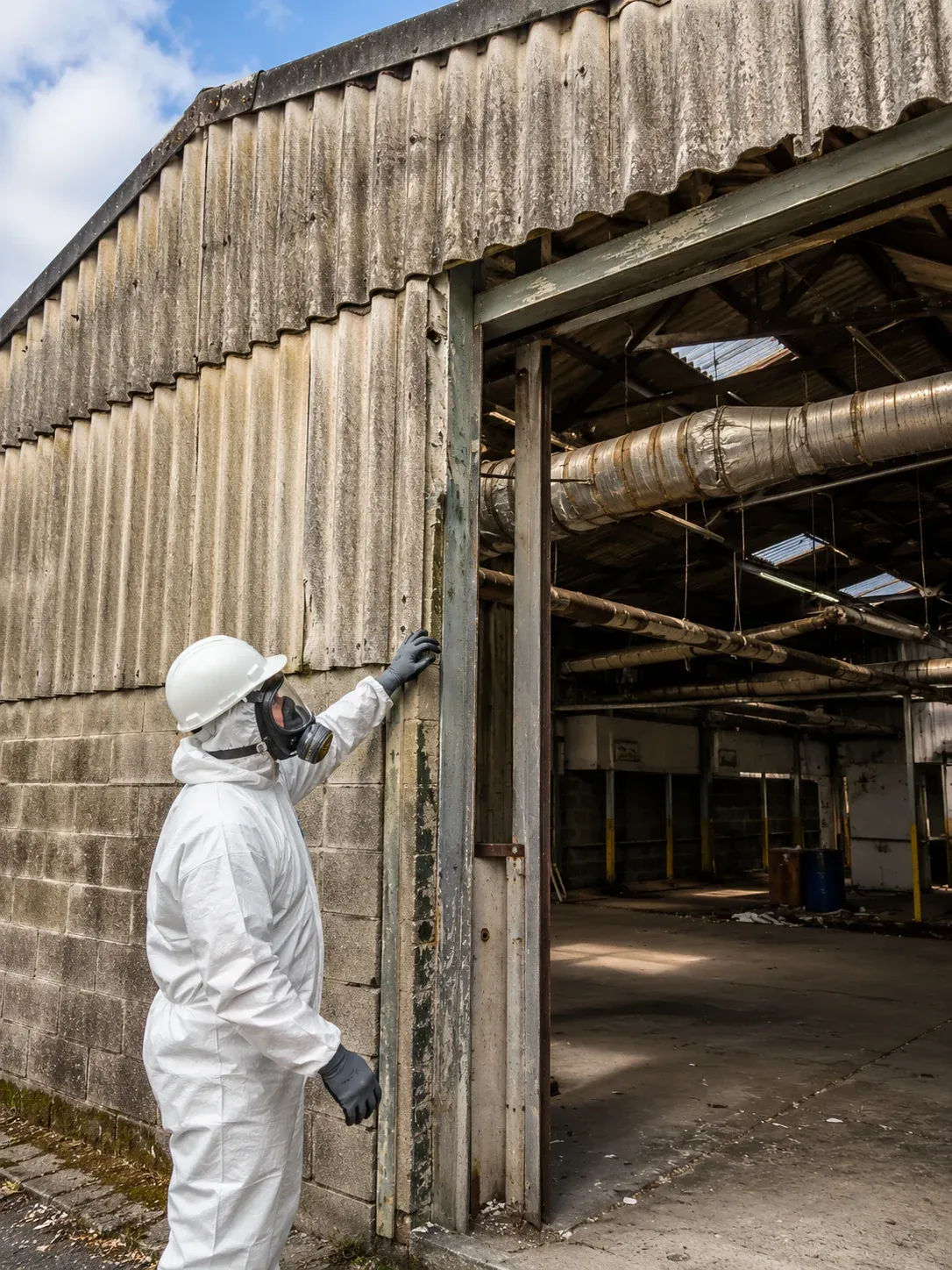 Trabajador junto a una construcción con planchas de fibrocemento con asbesto