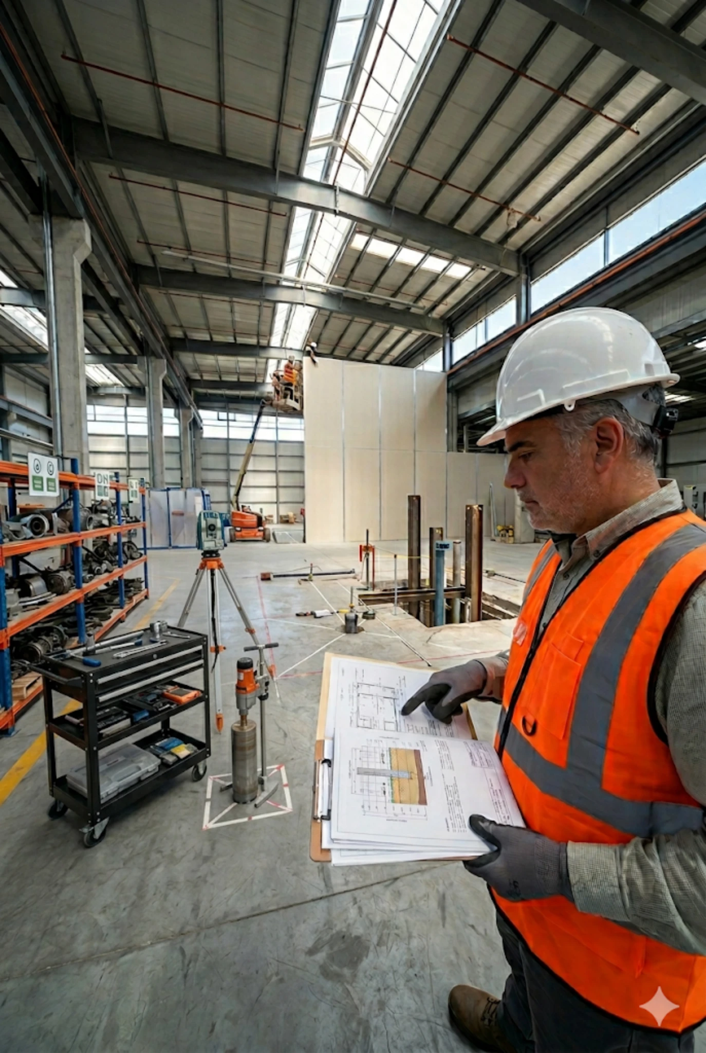Profesional levantando información técnica en terreno dentro de un galpón