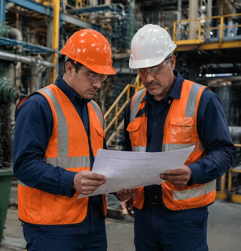 Dos supervisores revisando un procedimiento dentro de una planta industrial