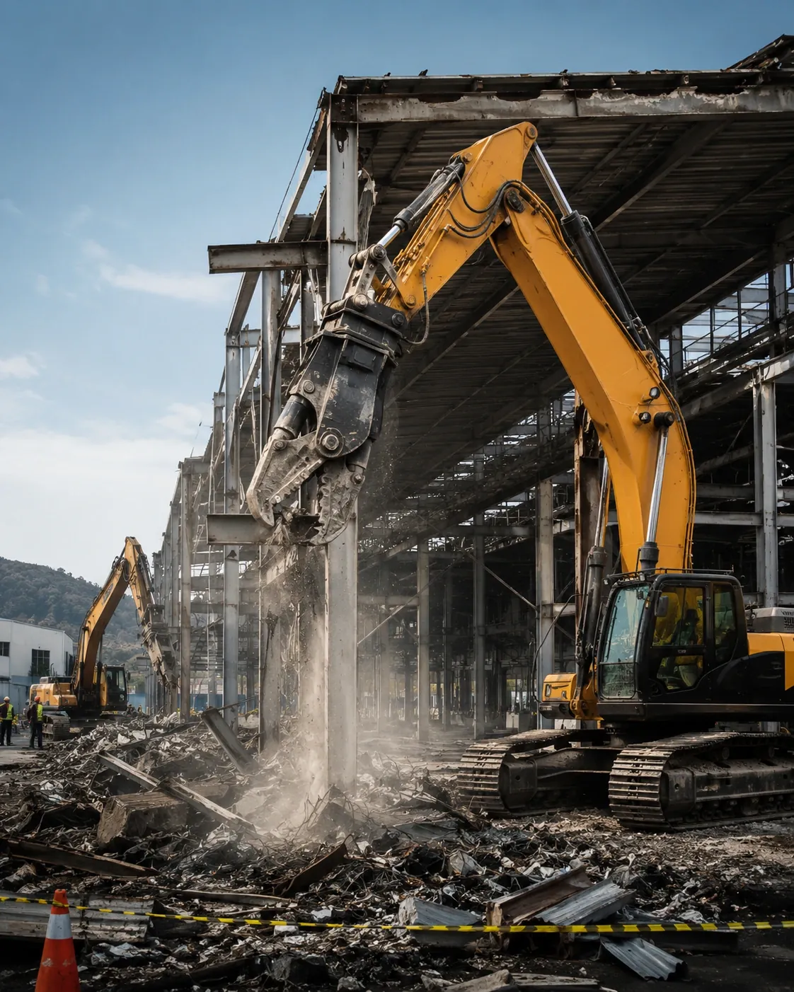 Excavadora con pinza demoliendo la estructura metálica de un galpón