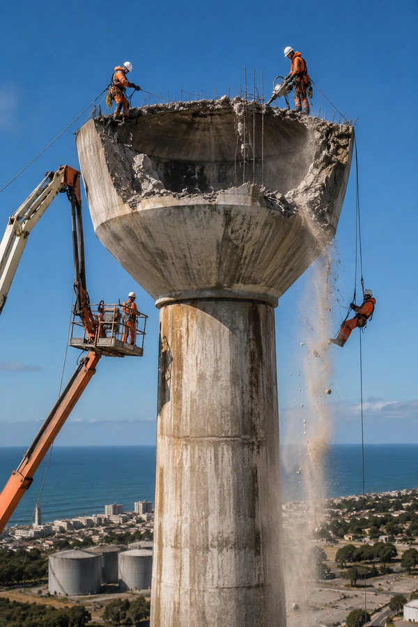 Trabajadores demoliendo por altura la cúpula de una copa de agua