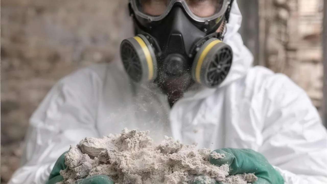 Trabajador con traje y máscara de cara completa manipulando material con asbesto friable