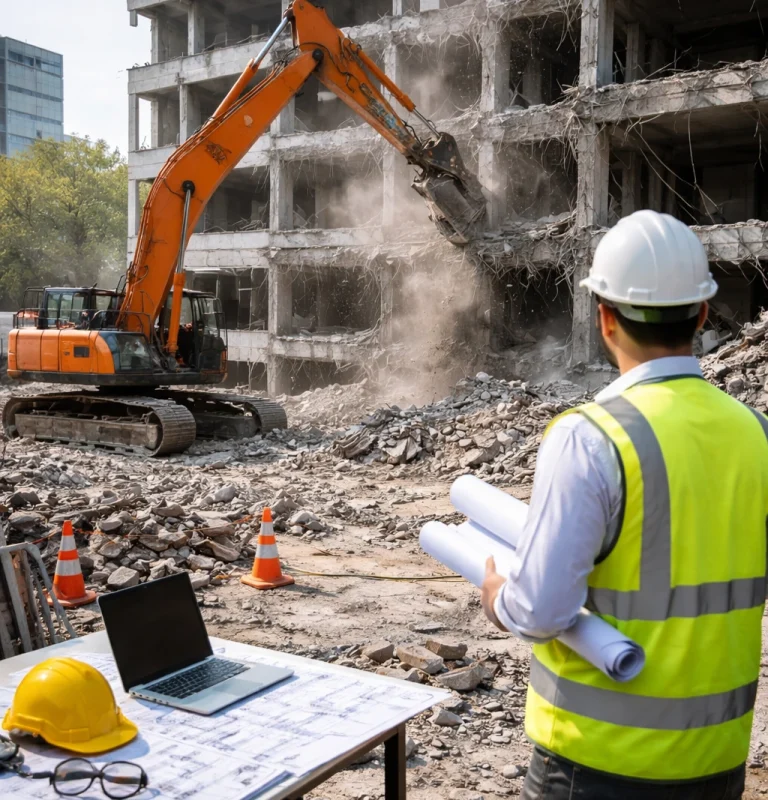 Profesional con planos frente a una excavadora demoliendo una estructura