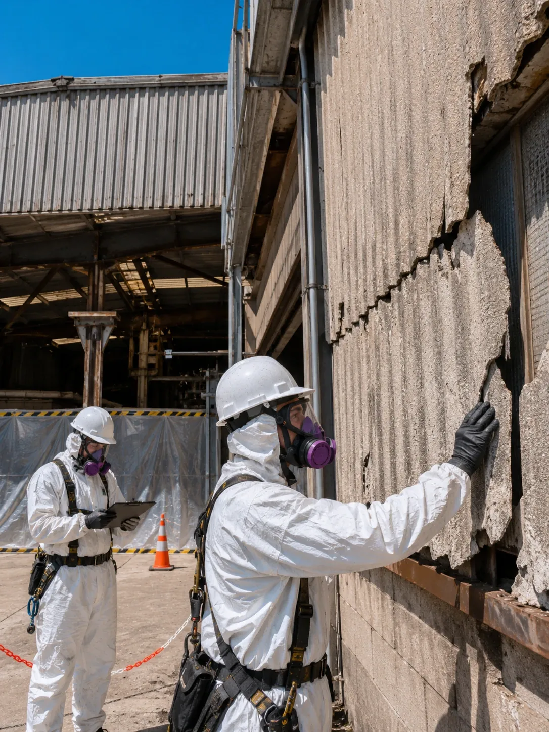 Inspección de un muro de fibrocemento deteriorado en una planta industrial