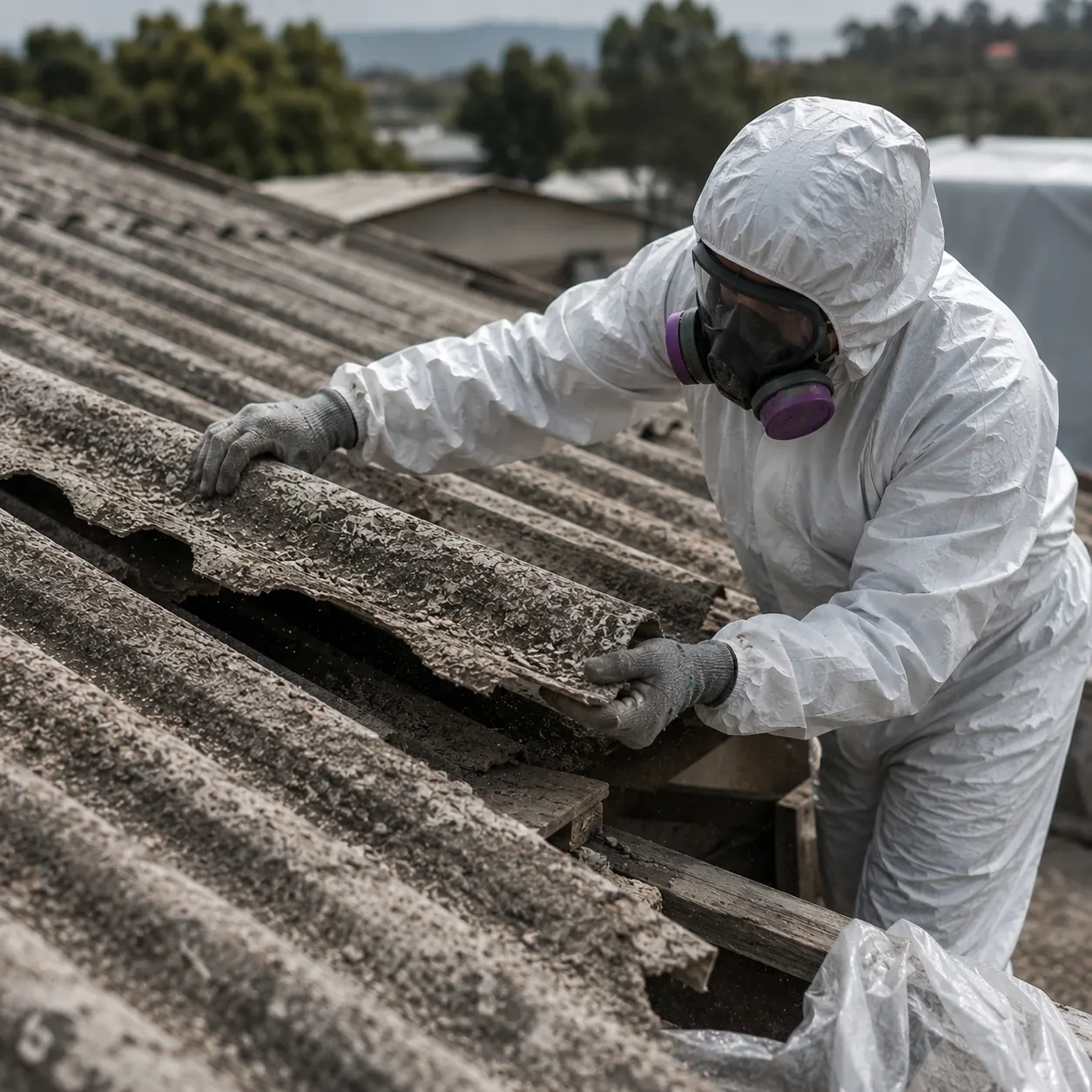 Trabajador levantando una plancha de asbesto durante el cambio de cubierta