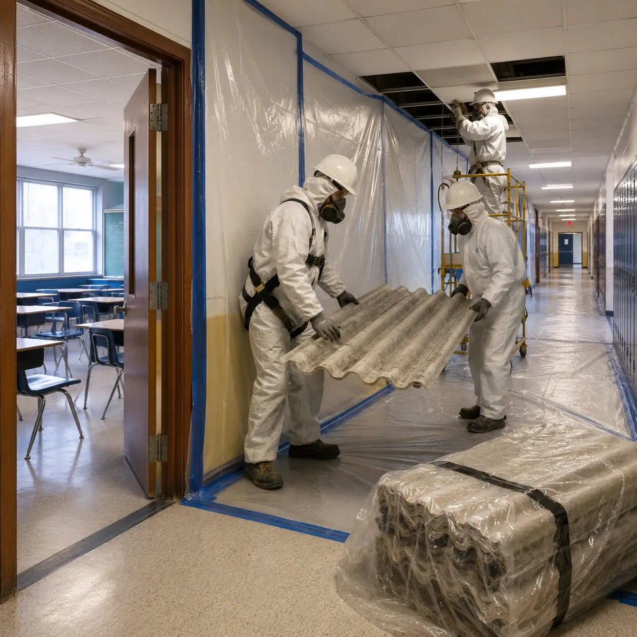 Retiro de planchas de asbesto en el pasillo de un colegio con confinamiento plástico