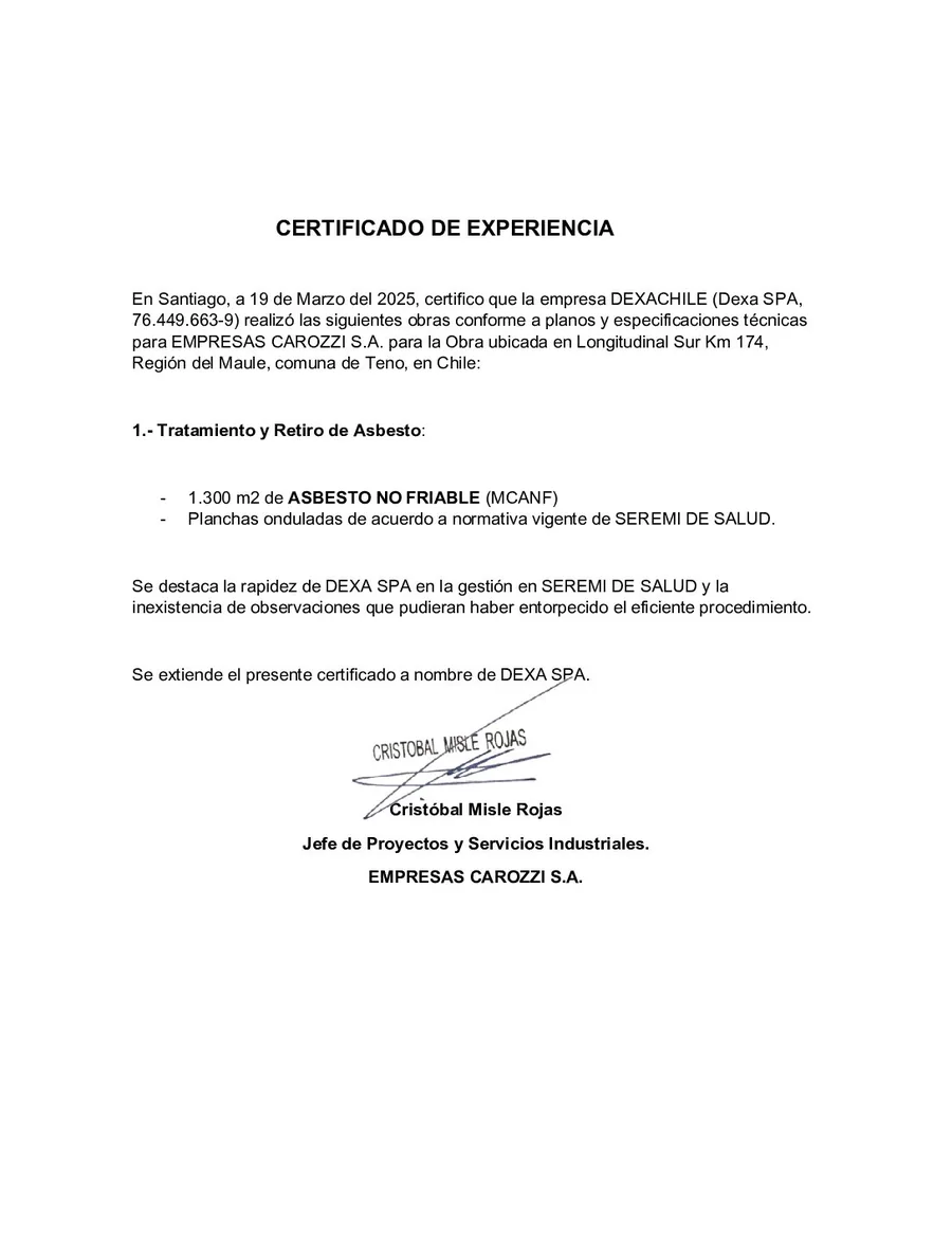 Certificado de experiencia de Empresas Carozzi