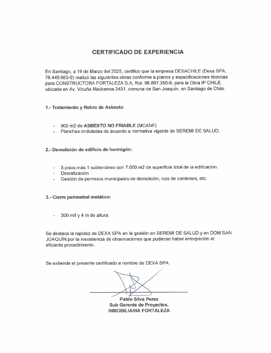 Certificado de experiencia de Constructora Fortaleza · IP Chile