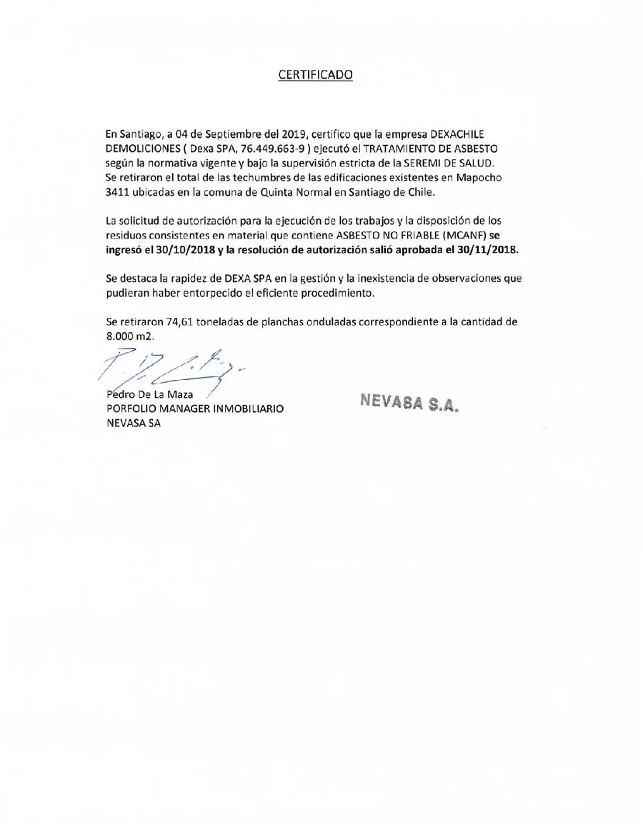 Certificado de experiencia de Nevasa S.A.