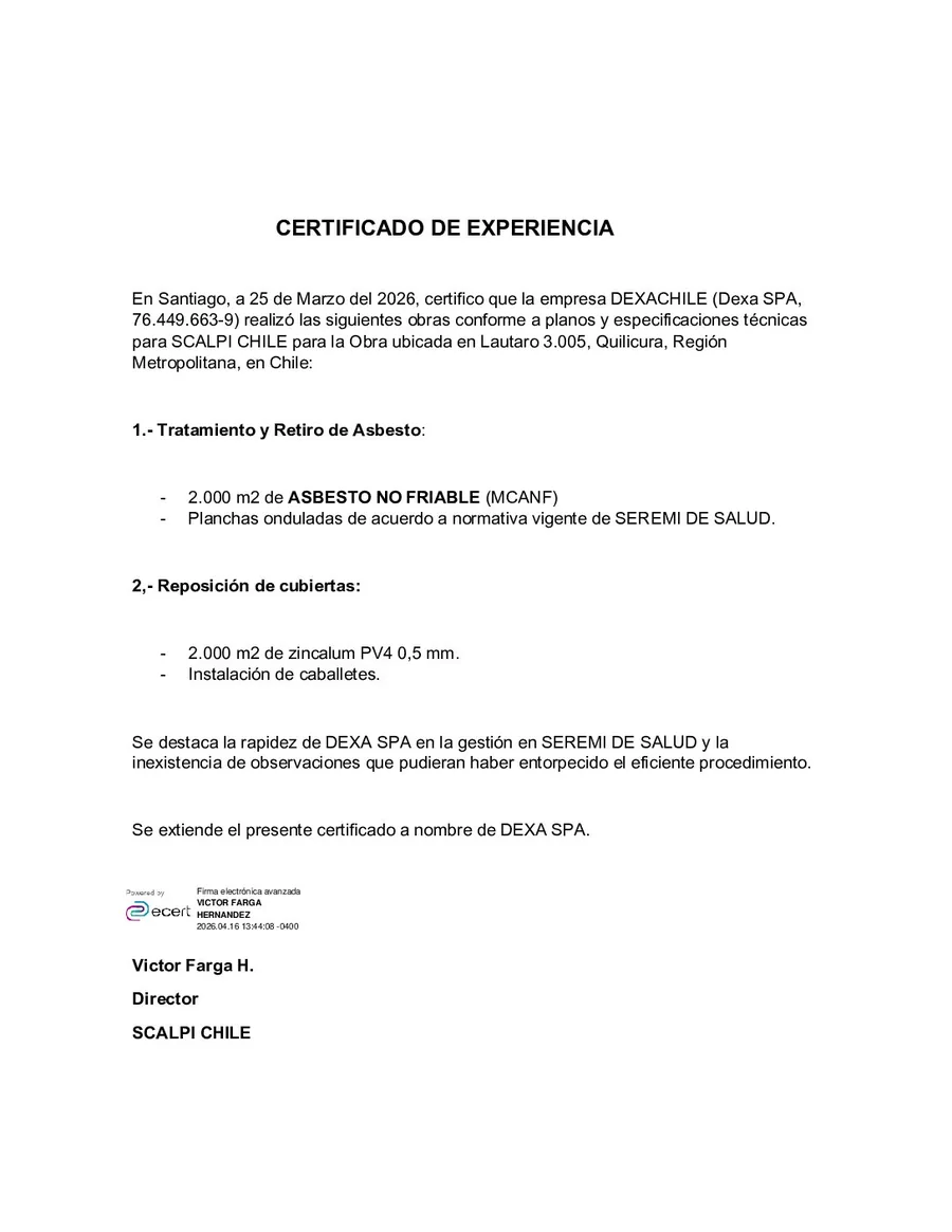 Certificado de experiencia de Scalpi Chile