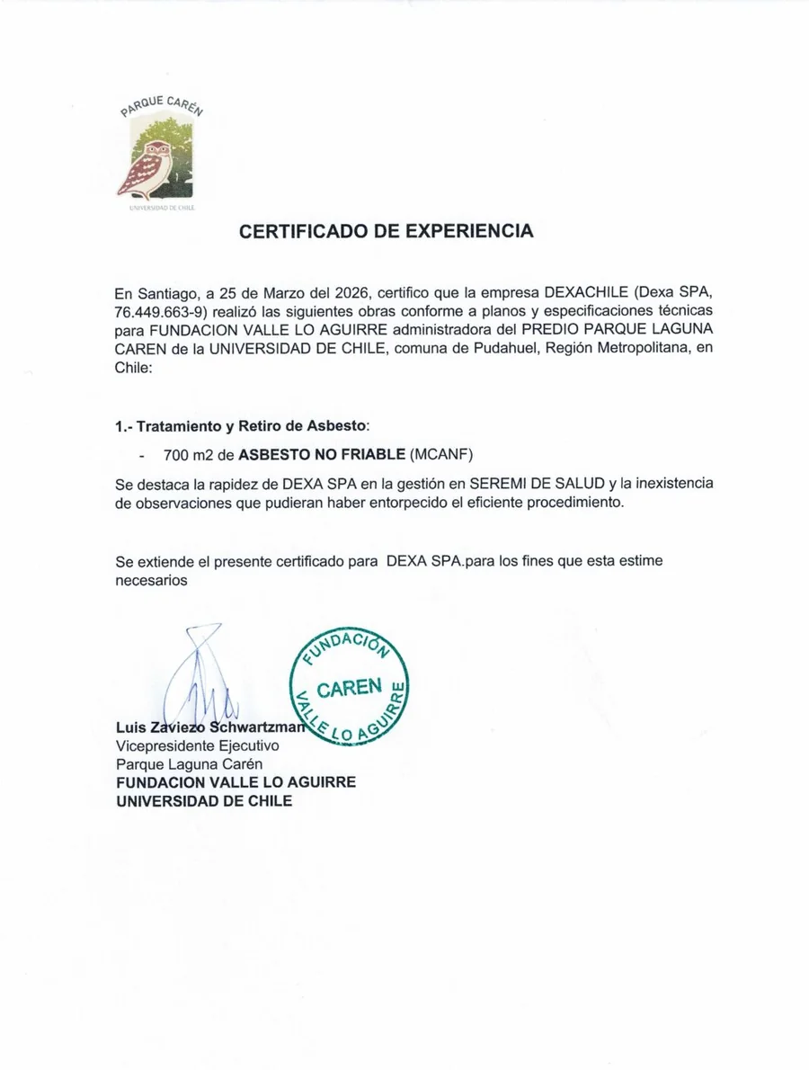 Certificado de experiencia de U. de Chile · Parque Laguna Carén