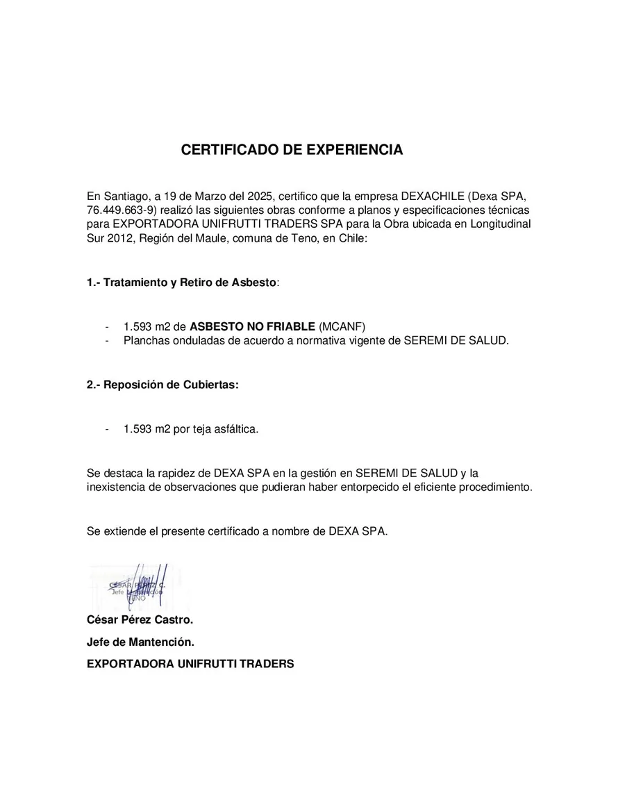 Certificado de experiencia de Exportadora Unifrutti Traders