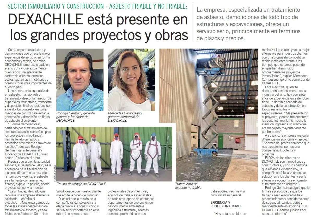 Recorte de El Mercurio: «DEXACHILE está presente en los grandes proyectos y obras»