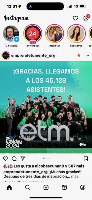 Publicación de Emprende Tu Mente celebrando los 45.128 asistentes del ETMday