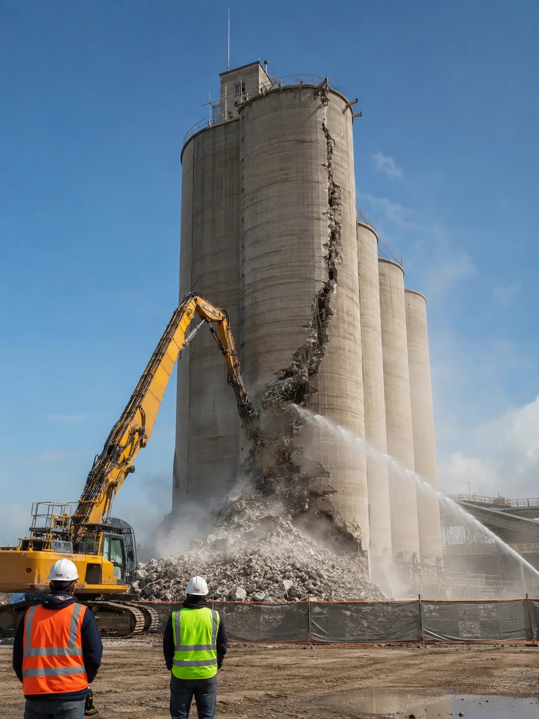 Brazo de largo alcance demoliendo un silo con supresión de polvo