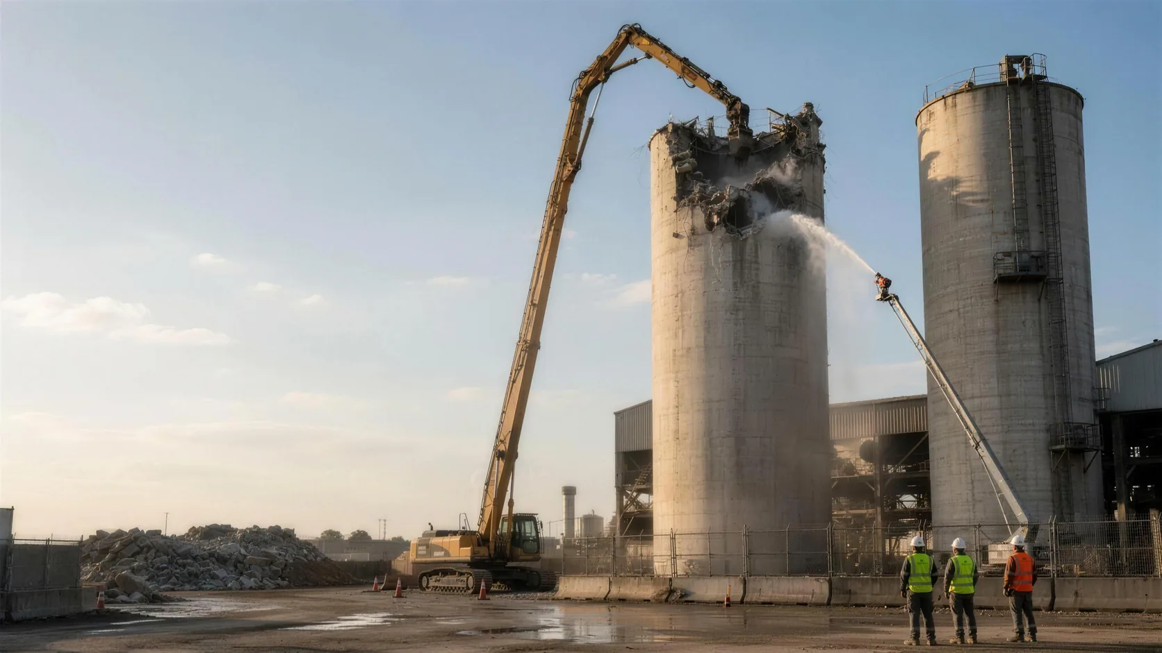 Demolición de silos con brazo de largo alcance y supresión de polvo con agua
